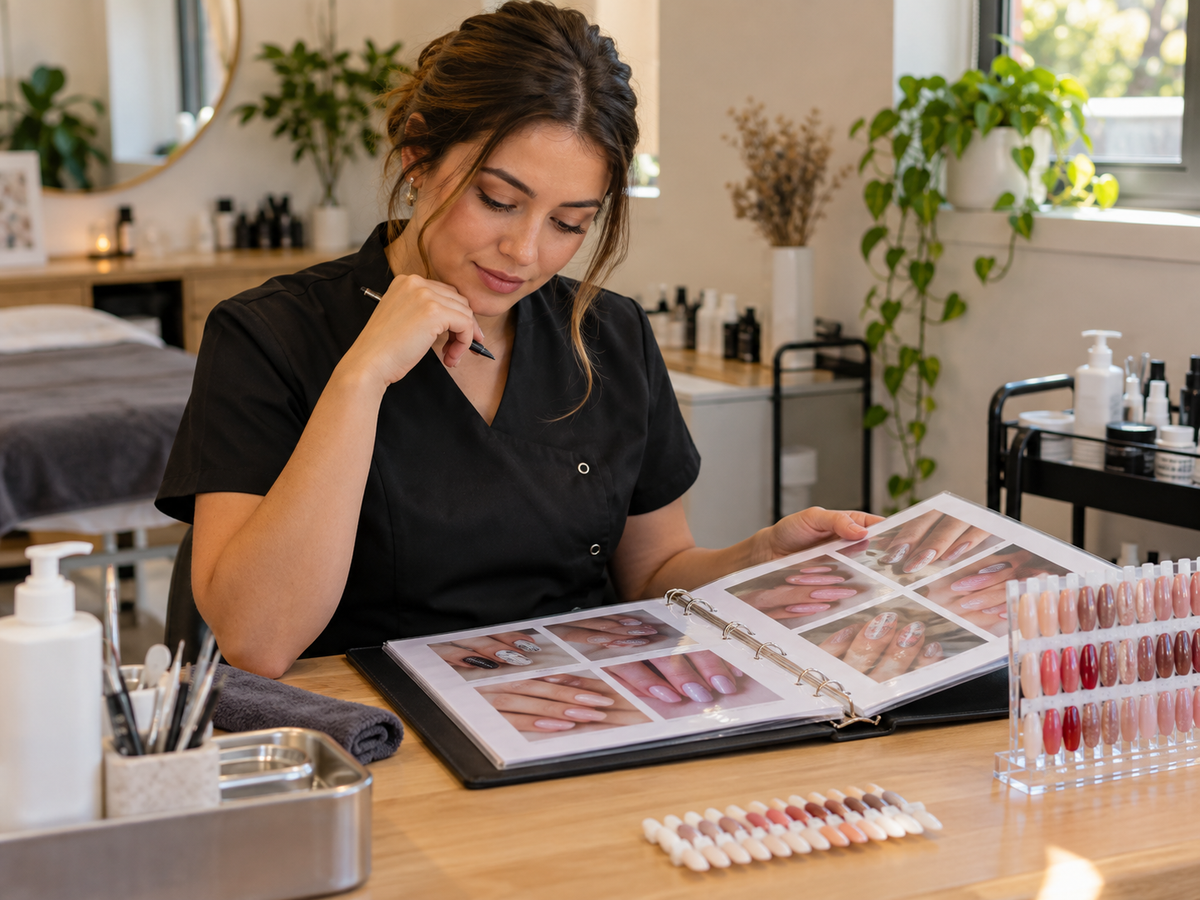 A new beauty technician reviewing her practice portfolio beside polished nail samples in a small studio