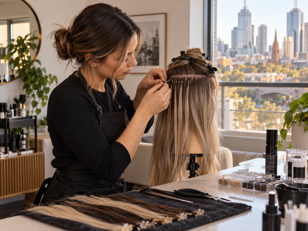 A student practicing hair extensions on a mannequin head in a Melbourne home training studio